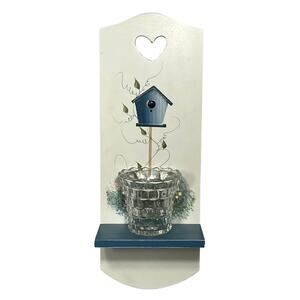 White Painted Wooden Blue Birdhouse Themed Candle Holder Sconce Wall Decor
